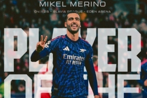 客串中锋梅开二度，阿森纳官方：梅里诺当选本轮欧冠队内最佳球员